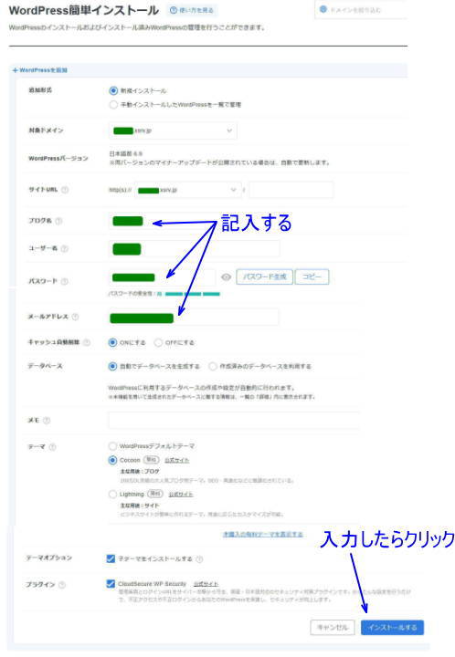 インストール設定入力画面
